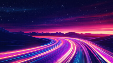 A futuristic background with neon light trails forming an abstract road or highway