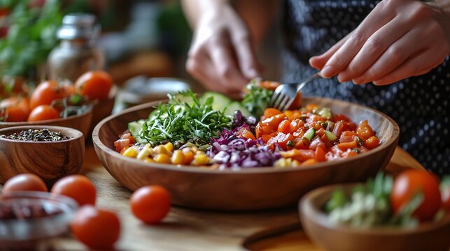 A person prepares and enjoys a fresh and colorful meal