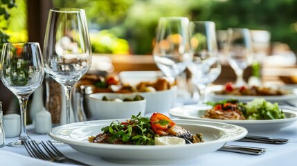 elegant restaurant with gourmet dishes and refined table settings