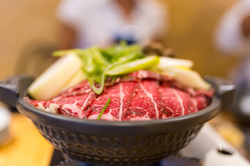 Sukiyaki of high quality Japanese beef. Japanese famous beef hot pot