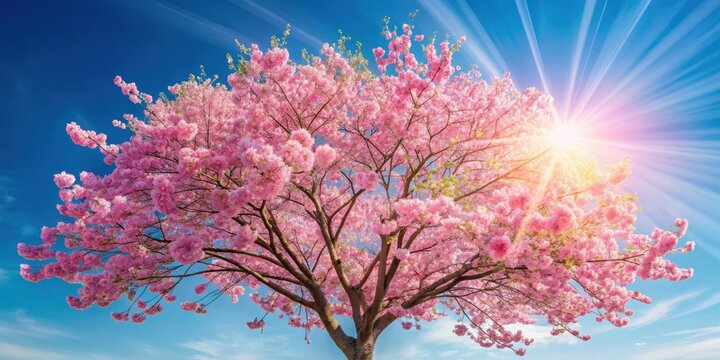 Vibrant pink cherry blossom tree in full bloom stands alone against a soft blue sky with delicate light rays filtering through the branches, blooming flowers, natural beauty