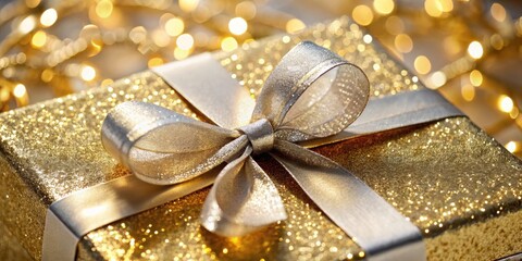 Close-up of a luxurious gift box with intricate gold and silver wrapping paper, adorned with a delicate sparkling ribbon tied in a elegant bow, Sparkling ribbon, High-end packaging