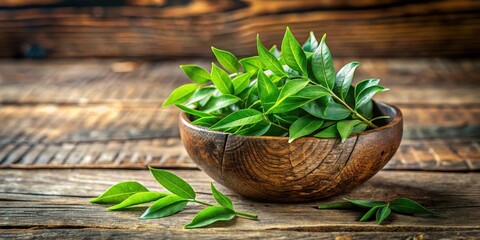 Obraz premium Fresh curry leaves arranged artfully in a coconut bowl on a rustic wooden background, adding a pop of green to the room