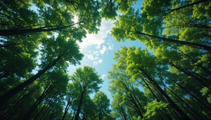 Obraz premium Looking Up Through Green Forest Canopy Towards Blue Sky Above