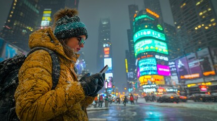 Obraz premium Woman using phone in snowy city winter urban scene