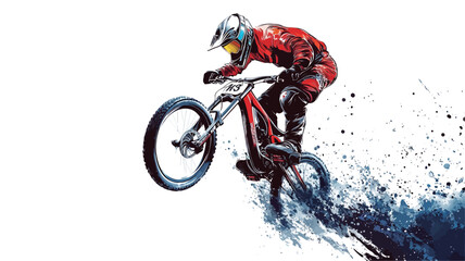 Obraz premium A stylized illustration of a mountain biker in mid-air, performing a downhill maneuver. The biker is depicted wearing a red and white racing suit and helmet. The bike is detailed, and the