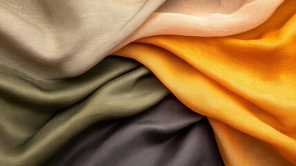 Fototapeta premium Colorful silk fabrics draped together, showcasing texture and hues for fashion or design use