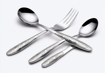 Elegant stainless steel spoon and fork set with ornate embossed handles, arranged on a white background. The cutlery is polished to a high sheen