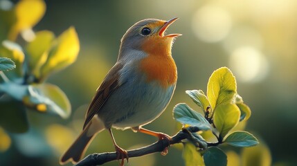 Robin singing on a mossy branch. animal high-resolution photography