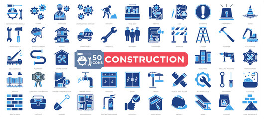 constructions icon collection set. Containing construction tools,gears,engineer,contruction service,digging,Tool Box,Design,List,warning,emergency,cone,work tools,Wheelbarrow icon. Simple line vector.