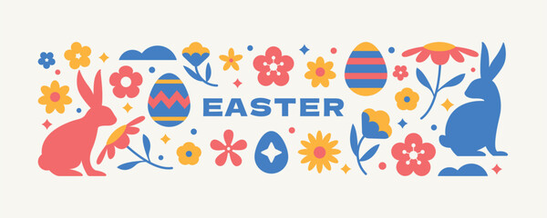 Decorative easter background with egg, plant, flower, and bunny.