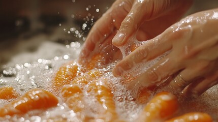 Fototapeta premium Hands Washing Orange Vegetables in Foamy Water Thoroughly