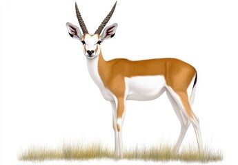 A detailed illustration of an antelope, showcasing its tan and white coat, curved horns, and alert expression. Set against a simple background of