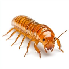 Detailed close up of a light brown insect with segmented body and long antennae against a white background. The insect is in sharp focus, showing