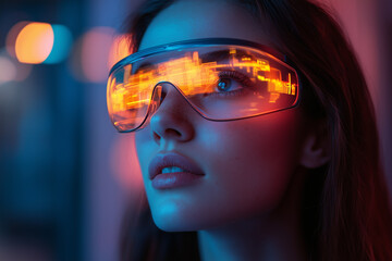 Young woman with virtual reality goggles, surrounded by colorful neon lights, suggesting a cyberpunk-inspired future technology scene.