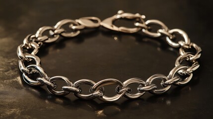 Obraz premium Heavy Silver Oval Link Chain Bracelet Product Shot on Dramatic Dark Reflective Surface