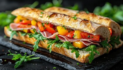 Freshly Made Gourmet Sandwich with Vegetables and Cold Cuts on Slate Surface