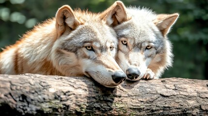 Obraz premium Two Wolves Close Up Affectionate Wild Animals Nature Wildlife Forest Log Couple C