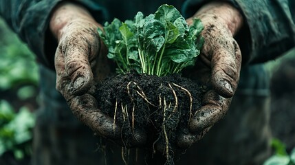 Hands hold newly planted green spinach with exposed roots and soil