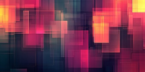 Abstract composition features overlapping translucent rectangles with bright colorful glows