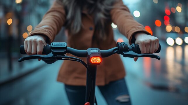 A person gripping the handlebar of an electric scooter on the street
