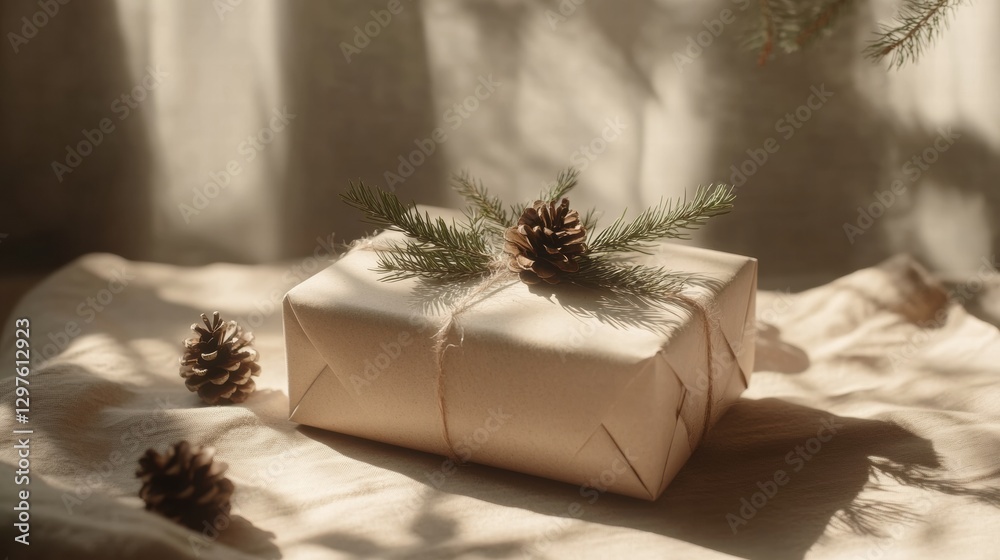 Aufkleber gift wrapped in natural materials with pinecones and greenery on a soft surface during daylight. gen