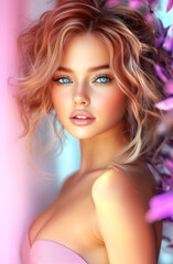 A beautiful woman with long, copper-colored hair and blue eyes, wearing a pink dress, set against the backdrop of a summer garden with purple flowers.