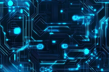 Obraz premium Seamless Neon Blue Cybernetic Circuit Board Futuristic Tech Pattern