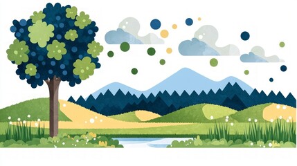 Naklejka premium Serene Landscape Illustration Tree Hills Stream Meadow Sky