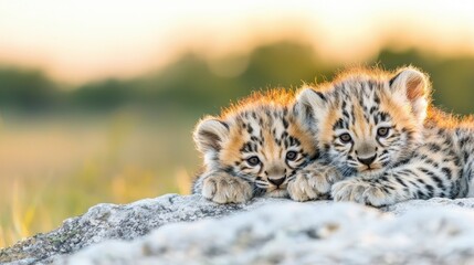 Fototapeta premium Adorable Tiger Cubs Sunset Wildlife Nature Family Baby Animals Cute Wild Cats Golde