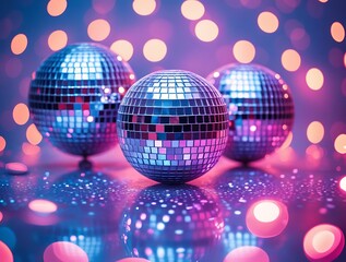 Obraz premium Close-up of a reflective disco ball with vibrant pink and blue bokeh lights in the background, evoking a nostalgic party mood with a stylish and glamorous aesthetic.