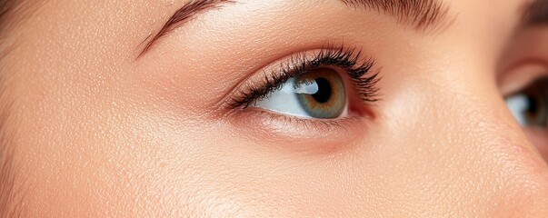 Obraz premium A close-up of a woman's eye showcasing natural beauty, with detailed eyelashes and perfectly groomed eyebrows.