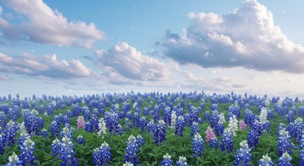 Vibrant field of bluebonnets under a bright sky with fluffy clouds, evoking tranquility and beauty - texas bluebonnet
