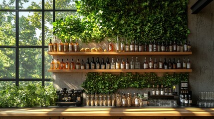 Modern bar with shelves of liquor, lush greenery, and large windows