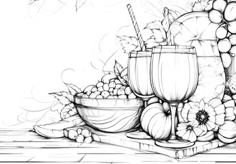 Coloring page for adults, design of milkshakes and smoothies with fruits, leaves, and glass mugs, food art, thick lines, low detail, no shading, white background.