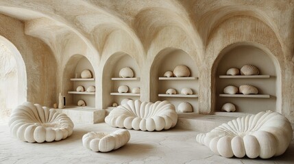 Elegant minimalist interior design featuring unique shell-shaped furniture and textures