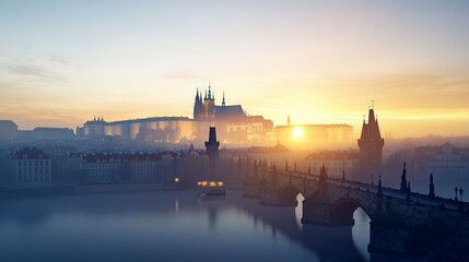 Fototapeta premium Prague Sunrise Charles Bridge Castle Cityscape Dawn Mist Golden Hour
