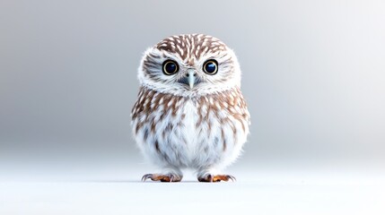Obraz premium Cute baby owl stands on a clean white surface in a bright studio setting.