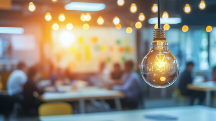 Bright Ideas Illuminated Lightbulb in Modern Coworking Office Space