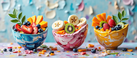 Colorful fruit bowls arranged on a pastel backdrop with decorations