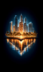 A city skyline is reflected in the water. The city is lit up at night, creating a warm and inviting atmosphere
