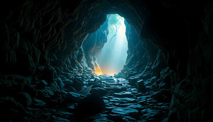 A breathtaking cave illuminated by contrasting warm and cool lights, creating a dramatic, cinematic scene