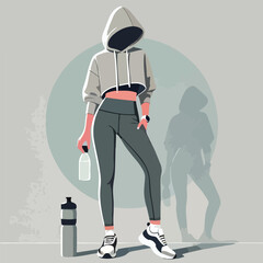 A woman in sporty athleisure wear, wearing a cropped hoodie, leggings, and white sneakers, standing with a water bottle in hand on a light gray background