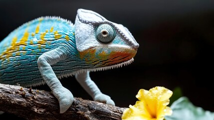 Fototapeta premium Vibrant Chameleon on Branch Exotic Reptile Closeup Colorful Lizard