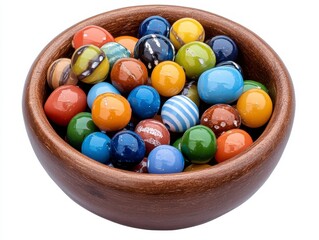 Collection of colorful marbles in a dark brown wooden bowl. Variety of colors, patterns, and sizes. Bright, playful image with a clean white