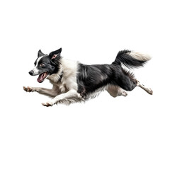 Energetic black and white dog leaping joyfully in mid air