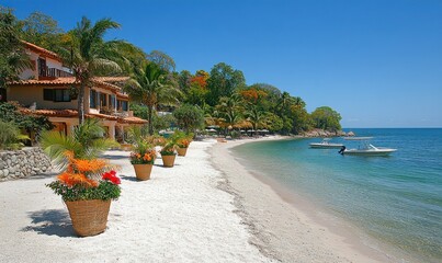Naklejka premium Serene Tropical Beach with Lush Greenery and Colorful Flower Pots in Clear Blue Water