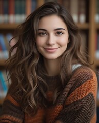 A portrait of a young woman with long wavy hair, wearing a warm sweater, smiling softly in a library setting, creating an inviting and intellectual atmosphere with soft lighting.


