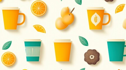 Colorful Coffee Cups  Fruit  Leaves   Floral Design Background