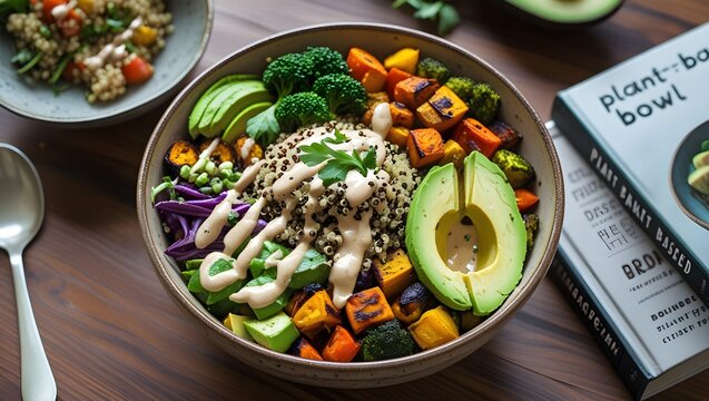 A vibrant vegan Buddha bowl filled with colorful roasted vegetables, quinoa, avocado slices, and a creamy tahini dressing, presented in a ceramic bowl on a wooden table with a plant-based cookbook bes